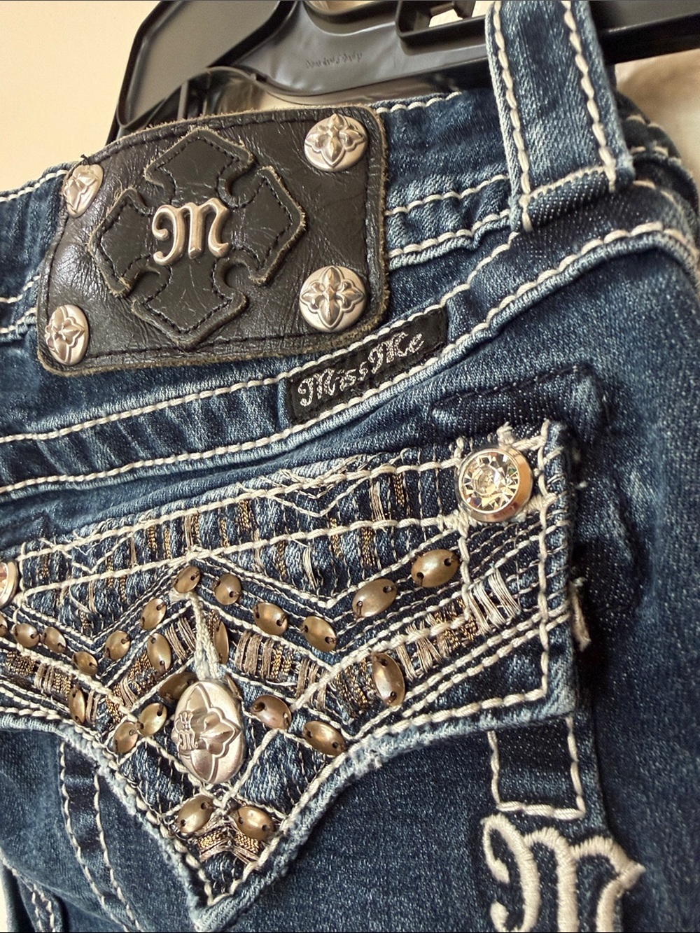Vintage Y2K Miss Me Embellished Dark Blue Denim Daisy dukes Cuffed Shorts - Picture 3 of 7